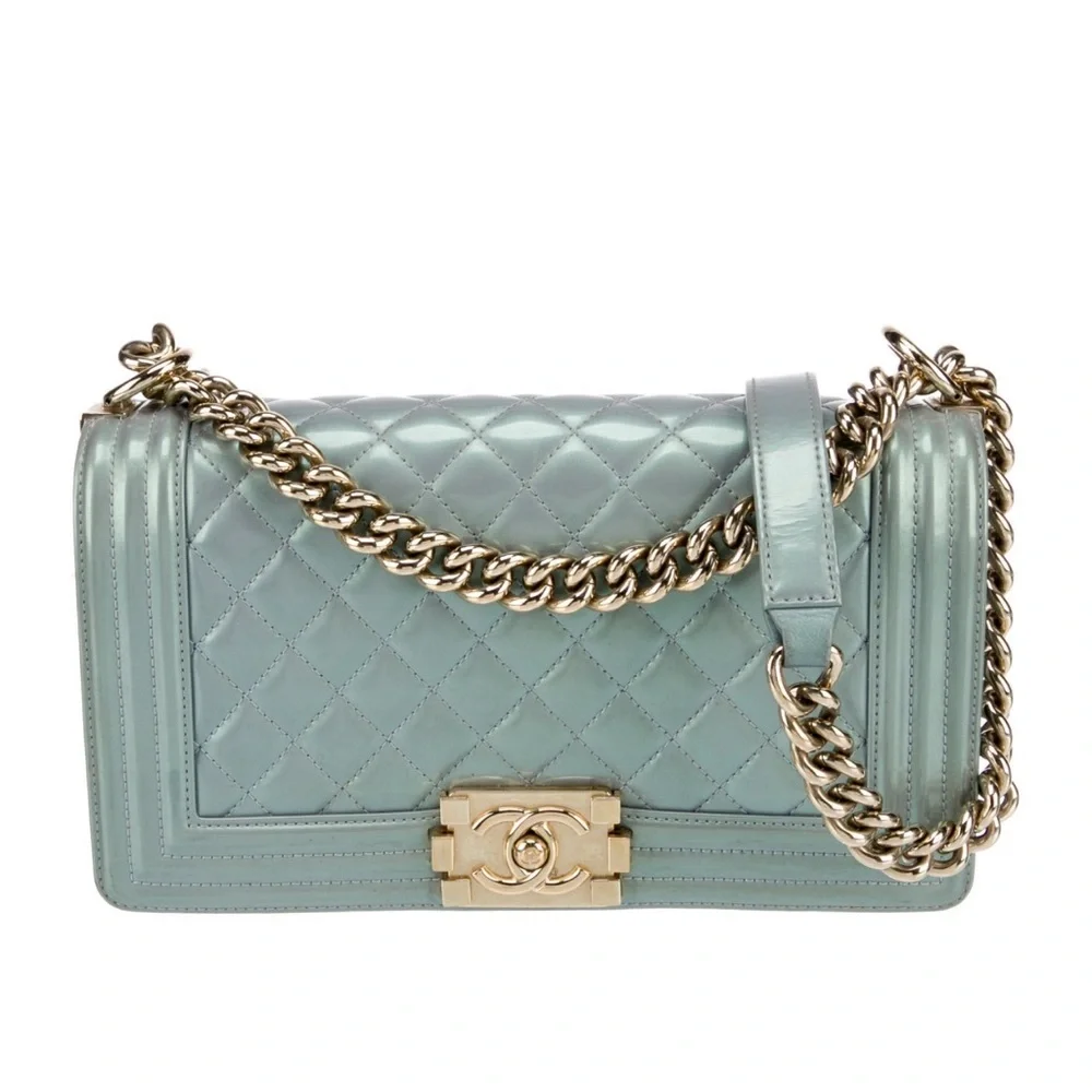 Chanel Quilted Blue Patent Leather Iridescent Medium Boy Bag